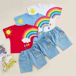 Citgeett Summer Kids Boys Girls Shorts Set Rainbow Print Short Sleeve T-shirt Denim Shorts Outfit Clothing Suit J220711
