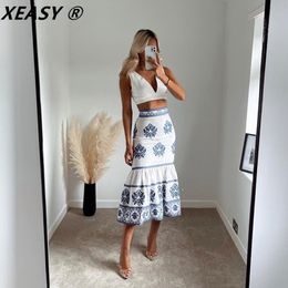 Xeasy Women Blue Falda lino alta cintura lateral con cremallera Vintage Vintage Midi Faldas Faldas con volantes Faldas hembras 220325