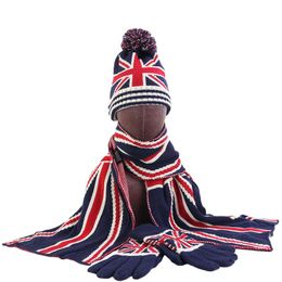 Berets Christmas Family Scarf Kit Autumn Winter Warm Union Jack Wool Hat Gloves 3 Sets