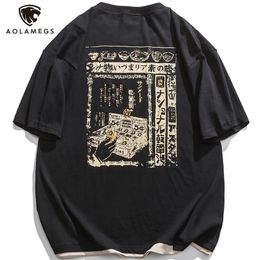 Aolamegs Oversized T-shirt Short Sleeve Men's T-Shirts Japanese Harajuku Kanji Pattern Print Tee Shirt For Men Streetwear Summer 220513