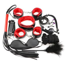 10 Pcs/Set Flush Handcuffs Slave Restraints sexy Toys For Couples BDSM Bondage Whip Eye Mask Nipple Clip Restrain Rope