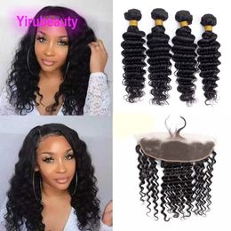 Peruvian Virgin Human Hair Deep Curly Four Bundles With 13X4 Lace Frontal Baby Hairs Pre Plucked 5 Pieces/lot Natural Colour Free Part