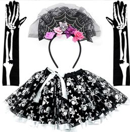 Halloween Costume Dress Up Headband Gloves Tutu Dress Outfit Cosplay Set for Kids Teen Girls Christmas Role Play Stage Performance Skeleton Claw Ghost Bone Wear