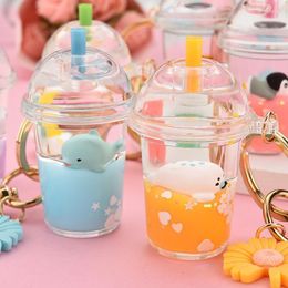 Keychains Acrylic Milk Bottle Tortoise Penguin Keychain Simulation Cup Liquid Quicksand Women Couple Bag Charm Keyring Gifts Enek22