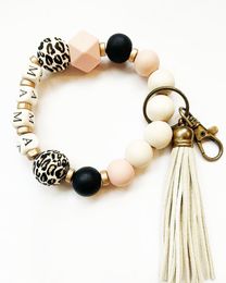 Leopard Beige Silicone Beaded Bracelet Wristlet Mama Keychain Silicone with Tassel