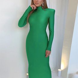 Hawthaw Shoulder Padded Long Sleeve Bodycon Green Party Club Maxi Dress Spring Autumn Women Fashion Elegant Clothes 220815