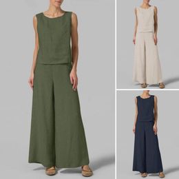 Women's Two Piece Pants Women Summer O Neck Sleeveless Blouse Wide Leg Set Elegant Office Suit Casual Solid Cotton Linen Outfit Chandals Muj