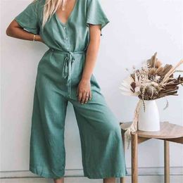 Casual Woman Green Loose Sashes Jumpersuits Summer Soft Slub cotton Jmpersuit Ladies Chic Solid Beach Jumpsuits 210515