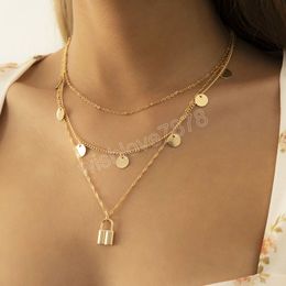 Boho Multilayer Round Padlock Pendant Necklace Women Fashion Personality Tassel Necklace Glamour Girl Jewellery Gift