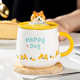 Cute cartoon ceramic water Mugs with lid spoon girl mug super cute dog pattern breakfast milk cup