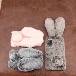 Cases For Huawei P40 Lite Phone Case Fluffy Rabbit Ears Plush Shockproof For Huawei P40 Pro Shiny Diamond Back Cover