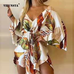 Summer Women Elegant Dresses Sexy V Neck Laceup Floral Print Mini Dress Casual Flared Sleeves Irregular Ladies Party Dress 220615