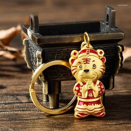 Keychains 1PC Zodiac Tiger Keychain Pendant Vintage Charm Hanging Gifts Animal Copper Shouting Beast Enek22