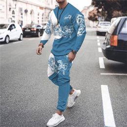 Summer Men's T-Shirt Suit Evil Dragon Element Printed Long Sleeve T-Shirt Pants Oversized Fashion Trend Men's Sports Suit 220610