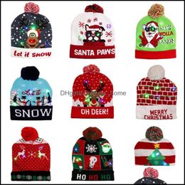Christmas Hats Sweater Santa Elk Knitted Beanie Hat With Led Light Up Cartoon Patteren Gift For Kids New Year Supplies Drop Delivery 2021 Ca