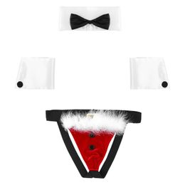 Men's G-Strings Men Christmas Role Play Costume Outfits Underwear Sexy Collar Cuffs With Low Waist Shorts Underpants Club DanceMen's