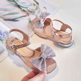 2022 New Summer Fashion Rhinestones Bow Girls Sandals Princess Shoes Little Girls Student Sandals Open Toe Non-slip Beach Sandal G220523