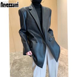 Nerazzurri Spring fall leather jackets for women long sleeve Leather coat women Black soft light loose faux leather blazer 2022 L220801