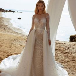 Detachable Shiny Sequins Ball Gown Wedding Dresses Strapless Lace Sequins Beaded Long Sleeves Button Sweep Train Vintage Robes De Soiree