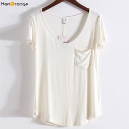 Women's T Shirt HanOrange Modal Plus Size Pocket Summer Short Sleeve Loose Women V-neck Pure Colour Soft Black Grey White Beige 220402