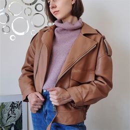 Ailegogo Autumn Women Pu Faux Soft Leather Jacket with Belt Streetwear Female Brown Pocket Zipper Coat Tops Ladies Outwear 220815