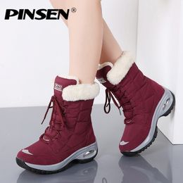 PINSEN New Winter Women Boots High Quality Keep Warm MidCalf Snow Boots Women Laceup Comfortable Ladies Boots chaussures femme Y200114