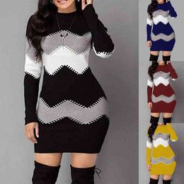 Women Autumn New Stylish O Neck Long Sleeve Colour Block Bodycon Warm Mini Sweater Dress Streetwear Tops L220705