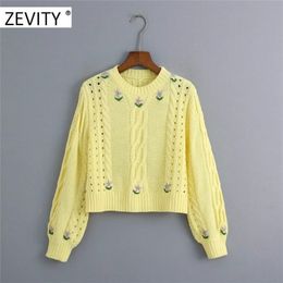 Zevity women Fashion Floral Embroidery Twist Crochet Cropped Knitted Sweater Lady hollow out casual pullovers chic tops S343 201222