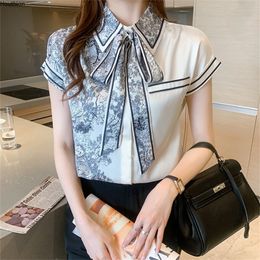 Satin Loose Large Size Women Blouse Summer Casual Fashion Short Sleeve Top Stitching Bow Collar Shirt 220725