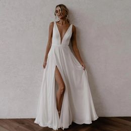 New White Beach Wedding Dress 2022 Satin A Line Deep V Neck Sleeveless High Split Sexy Bridal Gowns Boho Wedding Dresses For Women