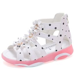 Girls Sandals Flowers Kids Roman Children Gladiator Shoes Soft Leather With Dots Zipper Pearl Beading Toddler 1 12 Years 220525