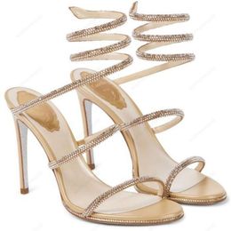 RENE CAOVILLA Cleo open toe sandals crystal embellished spiral snake tail sandals twining rhinestone sandal women Top quality 10cm Gold stiletto heels shoes
