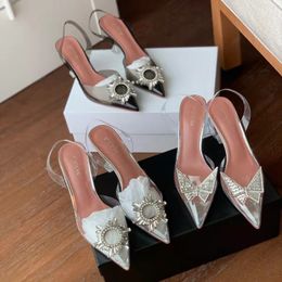 Summer New Transparent Sandals Butterfly Rhinestone Pointed Toe Women's Sexy Stiletto High Heels Shoes Women Slippers