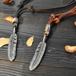 Pendant Necklaces Feather Leather Necklace For Men Women Genuine Rope Chain Jewellery Long Collares HandmadePendant