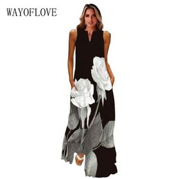 WAYOFLOVE Sleeveless Black Dress Summer Beach Casual Elegant Breathable Long es Woman V Neck Rose Print Women's 220402