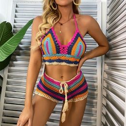 Crochet Bikini Sets Multi Colour Knitted Rainbow Striped Off Shoulder Top + Bottom Beachwear Bathing Suit Women Swimsuit 220408