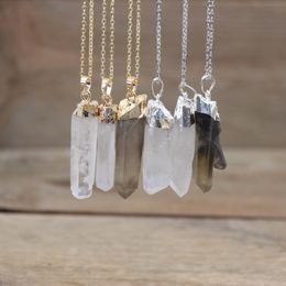 Pendant Necklaces Raw Crystal Point Pendants Gold/Silvery Chains Healing Reiki Rough Natural Smoky Quartzs Stick Necklace For Women Jewellery