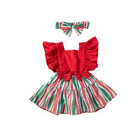 15917 Summer Infant Baby Dress Bowknot Ruffles Sleeve Stripe Skirt Girls Onesie Rompers Cute Dresses