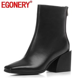 EGONERY women shoes newest genuine leather high quality high square heel zipper square toe fashion black and white ankle boots 201102