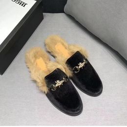 Brand designer women Slippers rabbit hair flat bottom embroidery mop leisure versatile velvet tail lazy man mop smoking leather T0