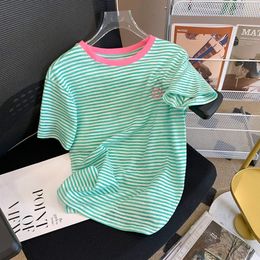 T-shirt Women Clothing Thin Summer Tops Striped Casual Ladies Tshirts Short Sleeve Embroidery Tee Korean Fashion 2022 220613