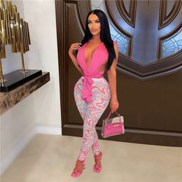New Wholesale Women Tracksuits Mesh Two Piece Set Deep V neck Bandage Hollow Out Tops+Print Pants Matching Set Beautiful See Through Night Club Wear Bulk 7319