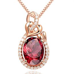 Rose Gold Necklaces with Round Ruby Zircon Gemstone Heart Pendant Necklace for Women Wedding Gift Jewelry