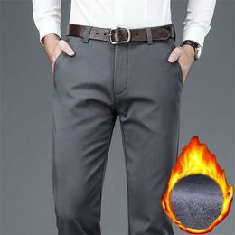 4 Colors Autumn and Winter Men's Fleece Warm Casual Pants Business Straight Thick Stretch Trousers Male Brand Clothing 220325