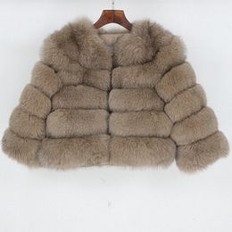 Faux Leather Winter Jacket Women Real Fur Coat Natural Big Fluffy Fox Fur Outerwear Streetwear Thick Warm Three Quarter Sleeve