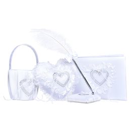 Sweet Heart Wedding Satin Ring Pillow Flower Basket Guest Book Feather Pen Favour 4 in 1 Set
