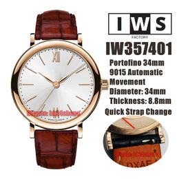 IWSF Top Quality Watches 34mm Rose Gold Miyota 9015 Automatic Womens Watch 357401 Silver Dial Quick Release Leather Strap Ladies Sports Wristwatches
