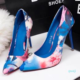 Dress Shoes High Heels 10CM Women Pumps Colorful Ladies Floral Printing Shallow Slip On Pointed Toe Office Female Wedding Shoe Footwer