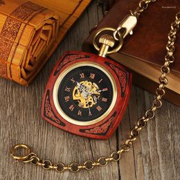 Pocket Watches Retro Unique Royal Red Wooden Bamboo Hand Winding Mechanical Watch Square Dial With 30cm Gold Chain Men Hour Clock Gifts Thun