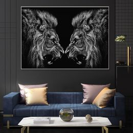 Two Lions Posters and Prints African Wild Animal Canvas Painting Black Lion Art Pictures On the Wall Modern Home Decor Murals